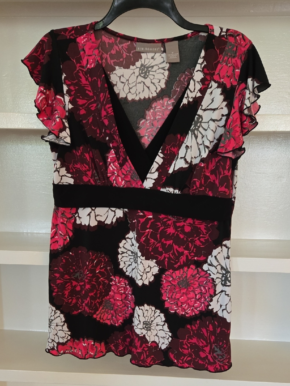 Kim Rogers Black Floral Surplice Top with Pink & White Blooms